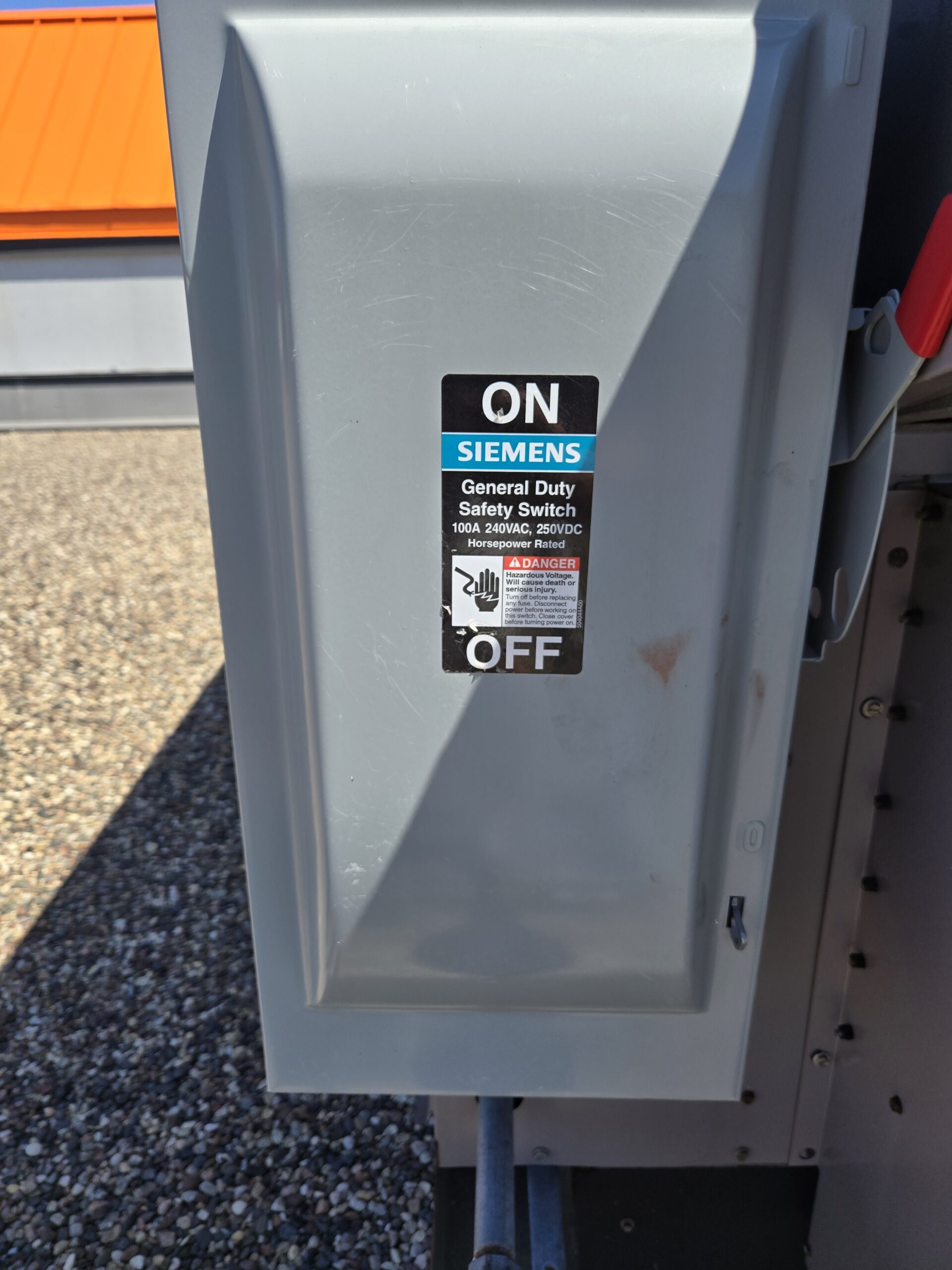 Siemens safety switch labeled ON and OFF outdoors